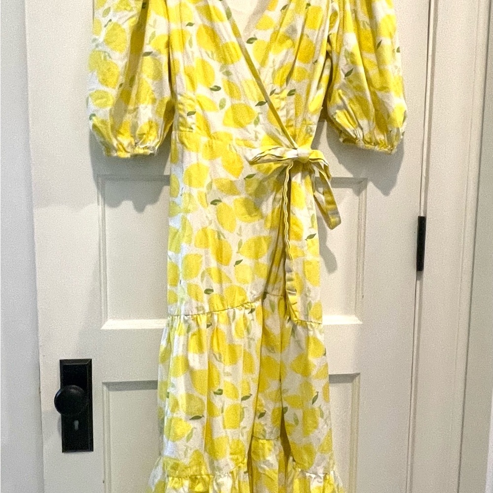 Hutch Anthropologie Yellow Lemon Print Tiered Wrap Midi Dress - Picture 4 of 7